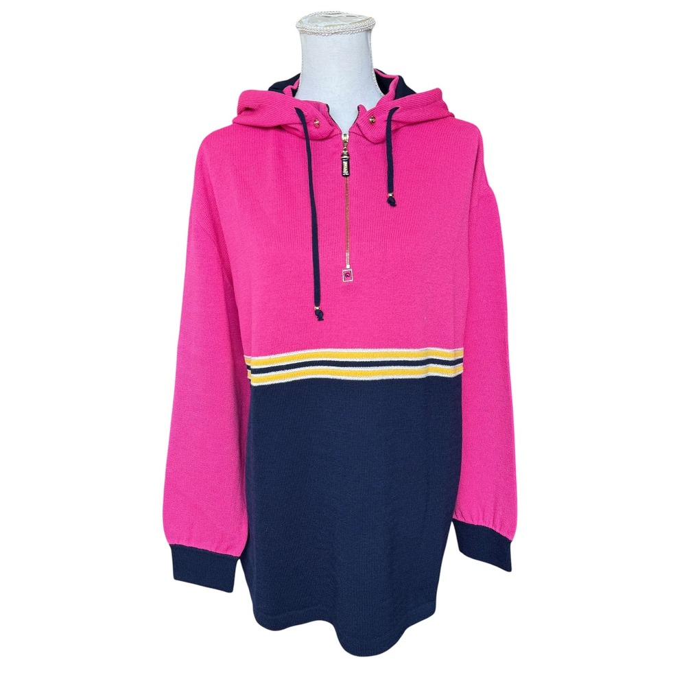 St. John Sport‎ Pink Navy Colorblock Knit Quarter Zip Hoodie Sweater Large USA